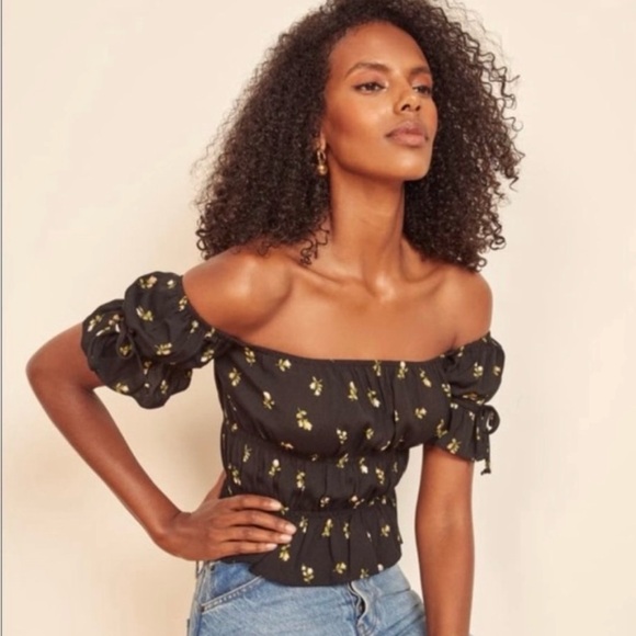 Reformation Tops - Reformation Solis Top in Briar Floral Black Medium Off The Shoulder $128